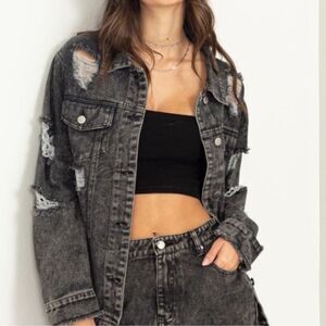 HYFVE Tess Acid Washed Distressed Denim Jacket in Black Denim 100% Cotton Size S
